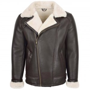 BUNERI Veste Homme Aviateur Peau de Mouton Pilote Marron Blanc