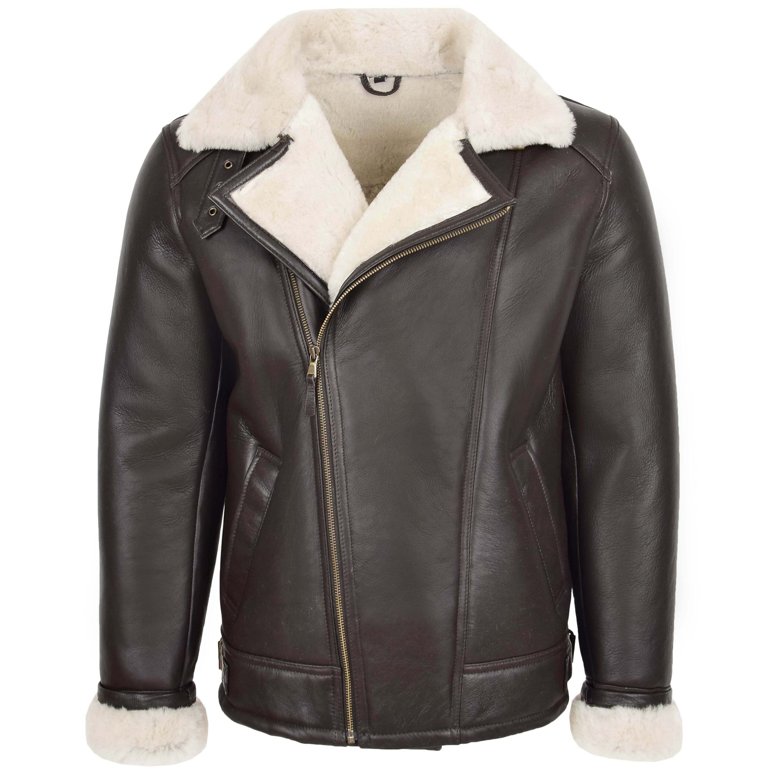 BUNERI Veste Homme Aviateur Peau de Mouton Pilote Marron Blanc