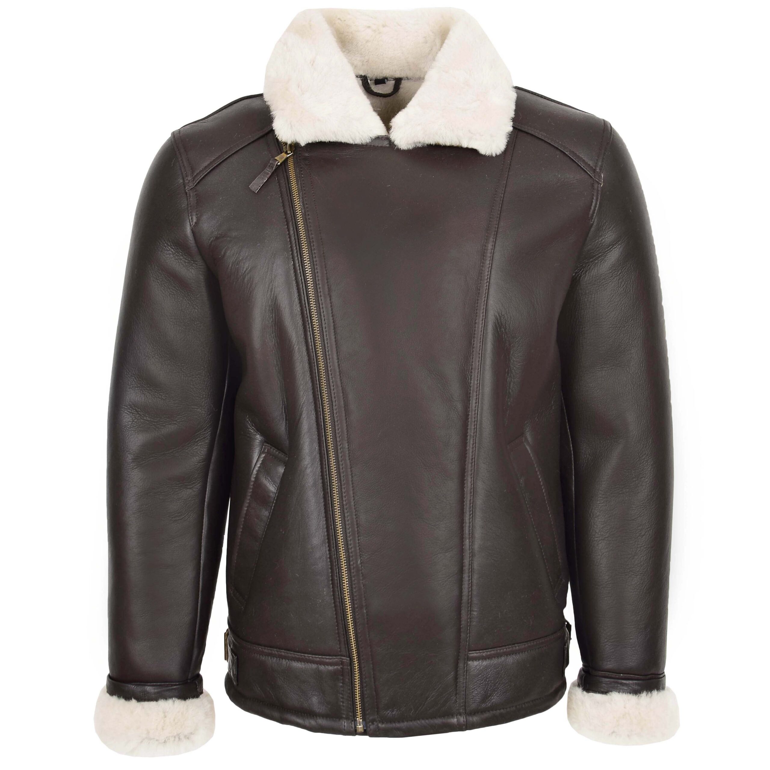 BUNERI Veste Homme Aviateur Peau de Mouton Pilote Marron Blanc – Image 3