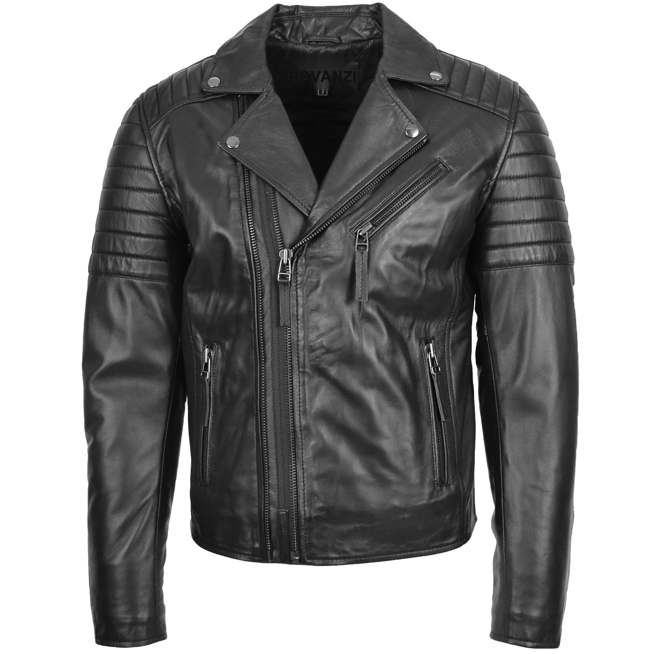 BUNERI Biker Cuir Noir Double Zip Crochet Homme