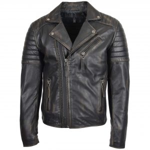 BUNERI Biker Cuir Noir Double Zip Crochet Rub Off Homme