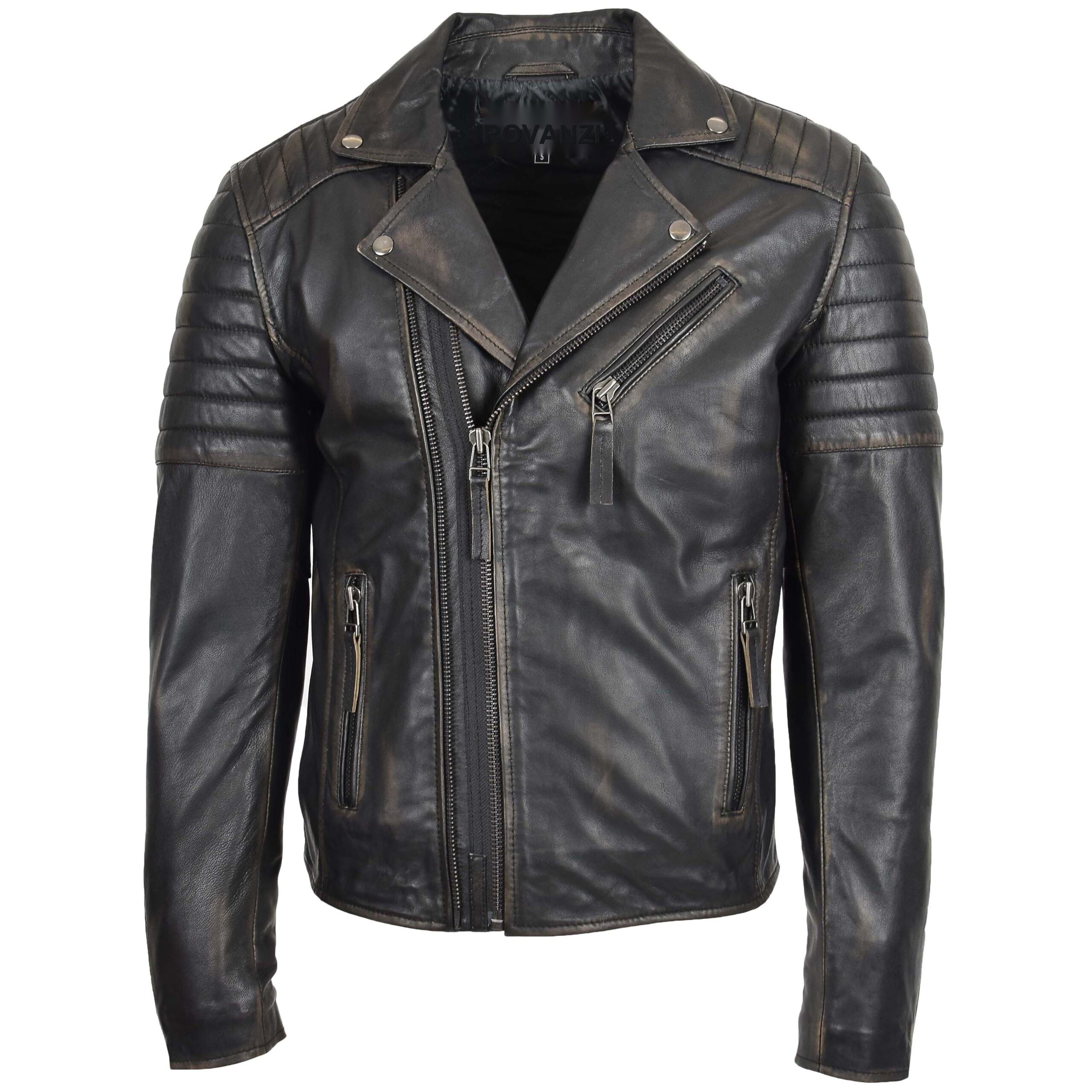 BUNERI Biker Cuir Noir Double Zip Crochet Rub Off Homme