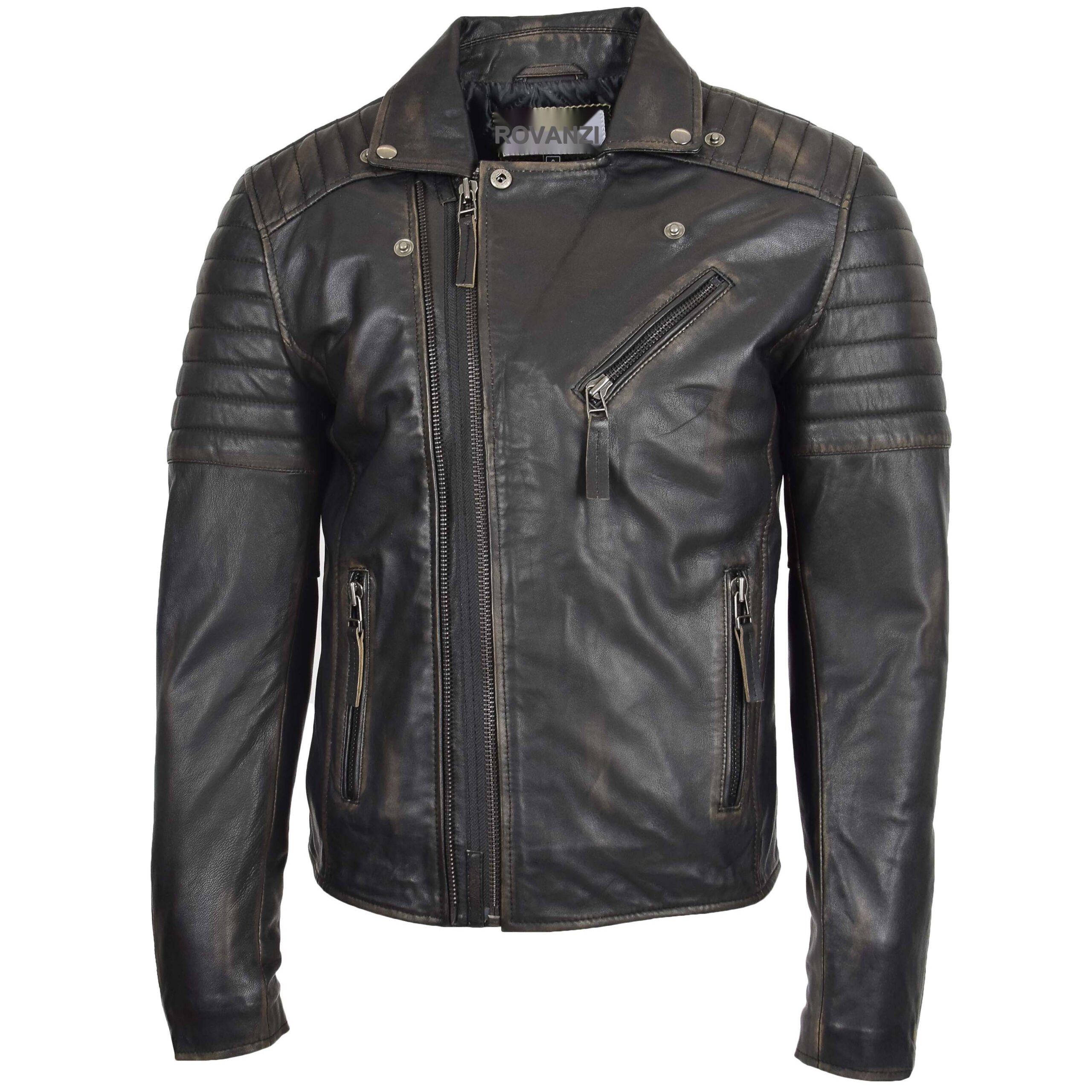 BUNERI Biker Cuir Noir Double Zip Crochet Rub Off Homme – Image 3