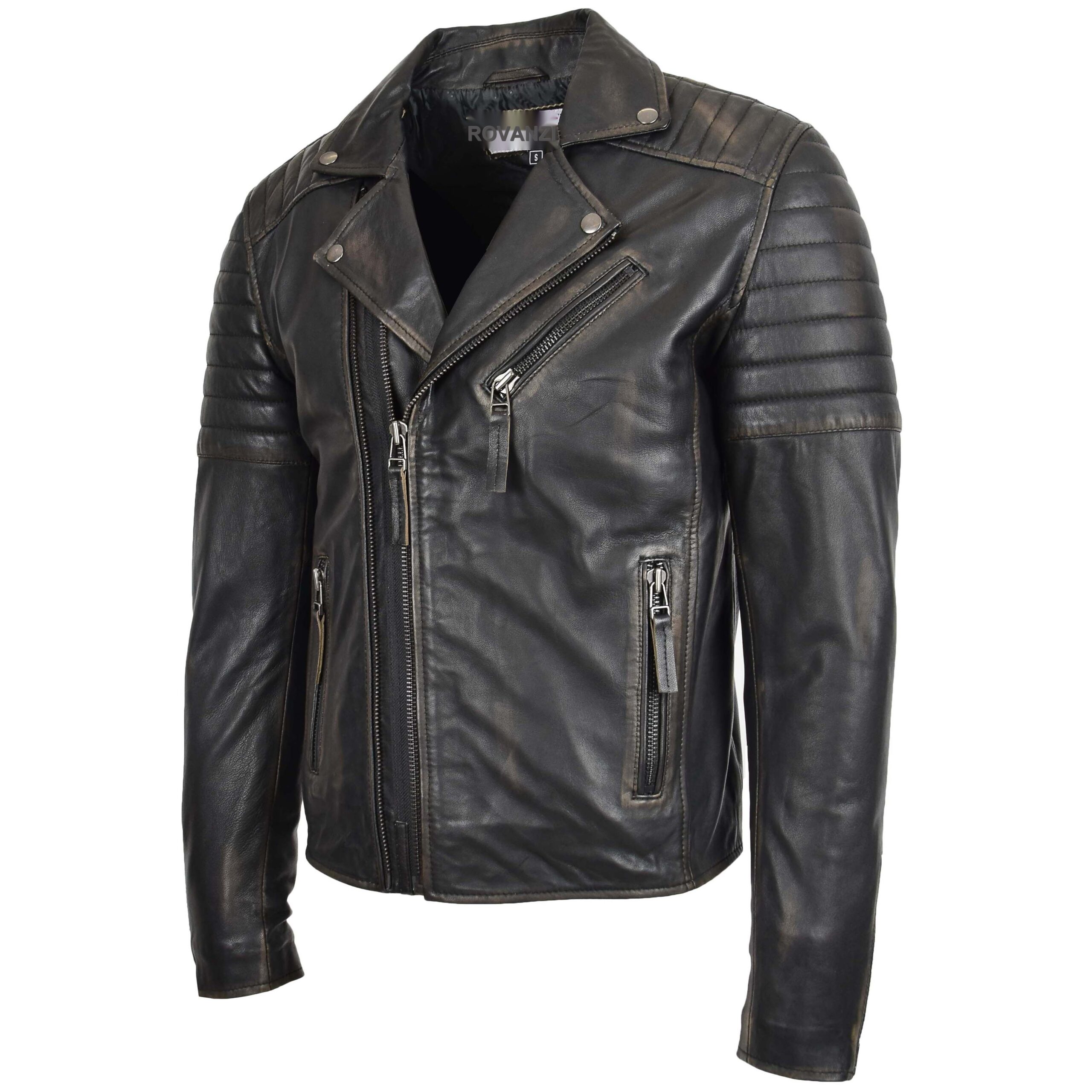 BUNERI Biker Cuir Noir Double Zip Crochet Rub Off Homme – Image 4