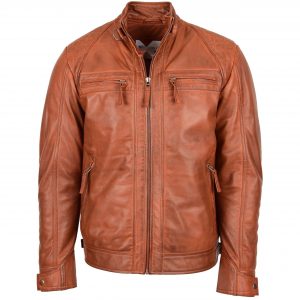 BUNERI Veste Biker Homme Cuir Col Montant Cognac Camel