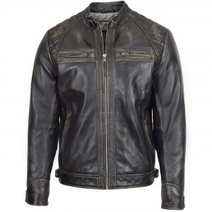 BUNERI Blouson Biker en Cuir Rub-Off Vintage pour Homme Col Montant
