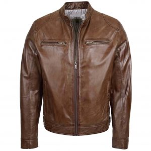 BUNERI Blouson Biker en Cuir Souple Brun pour Homme
