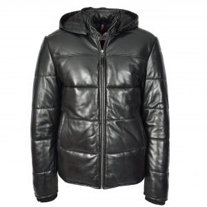 BUNERI Blouson Puffer en Cuir Noir pour Homme à Capuche Amovible