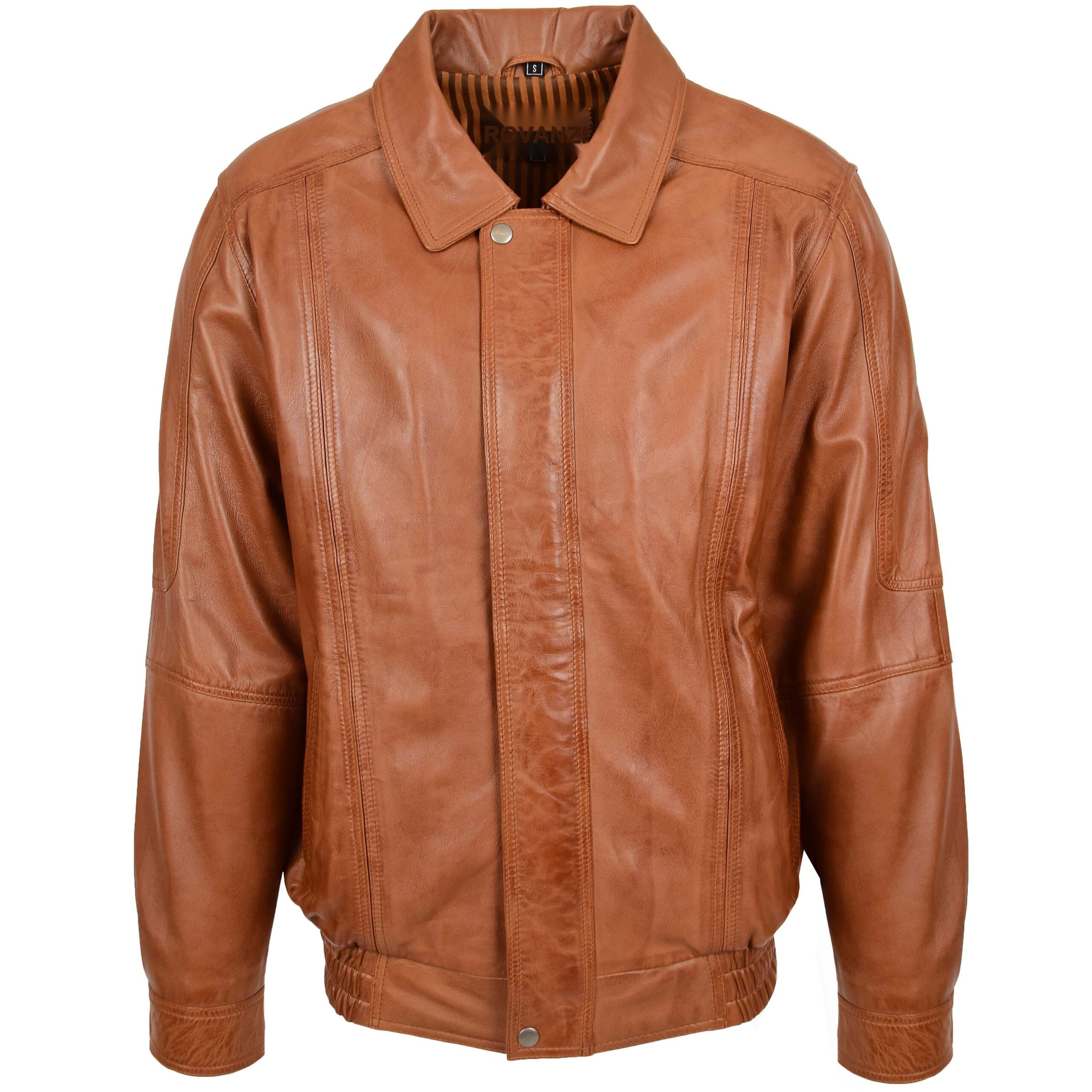 BUNERI Blouson Bomber Homme Cuir Style Classique Camel