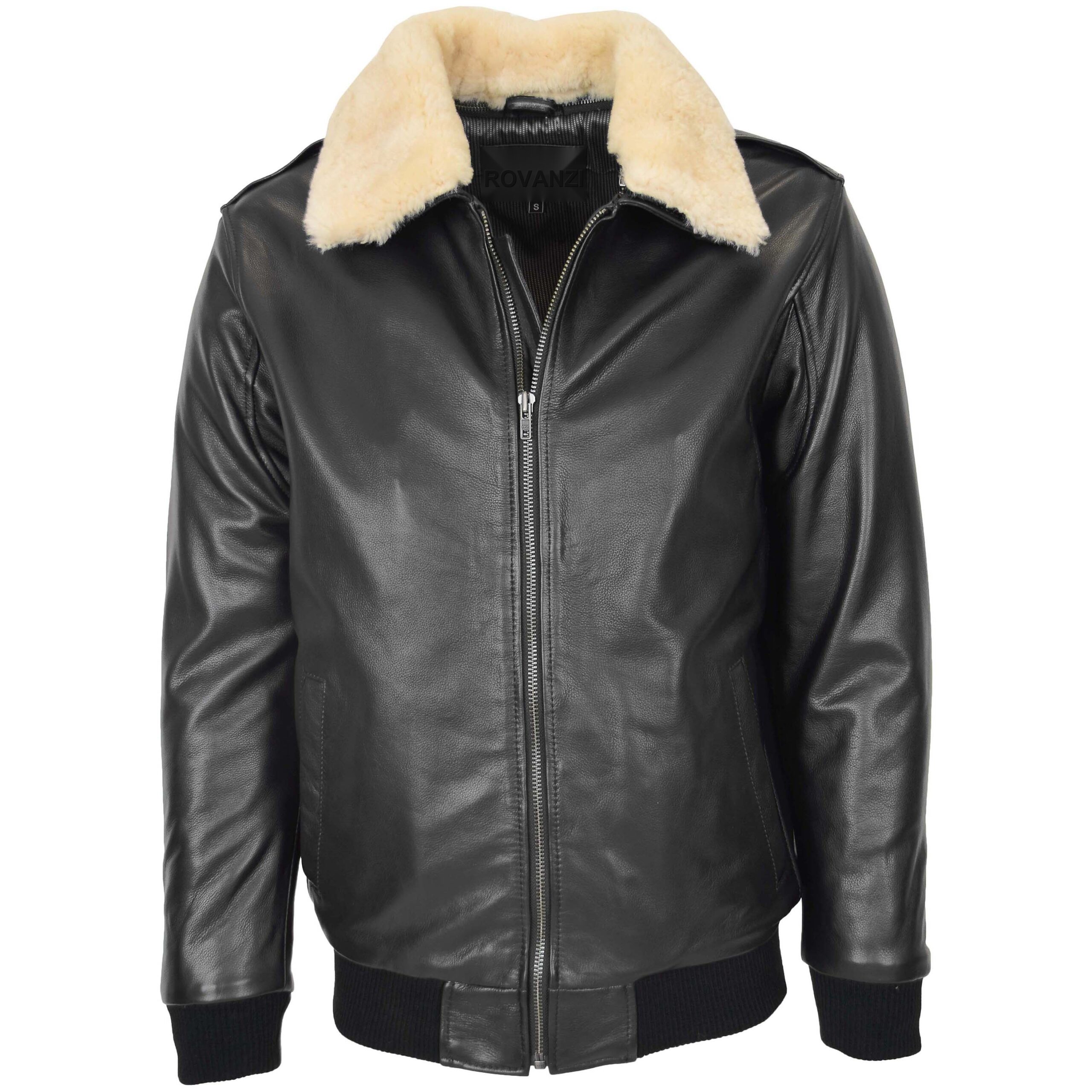 BUNERI Bomber Cuir Viggo Noir avec Col Mouton