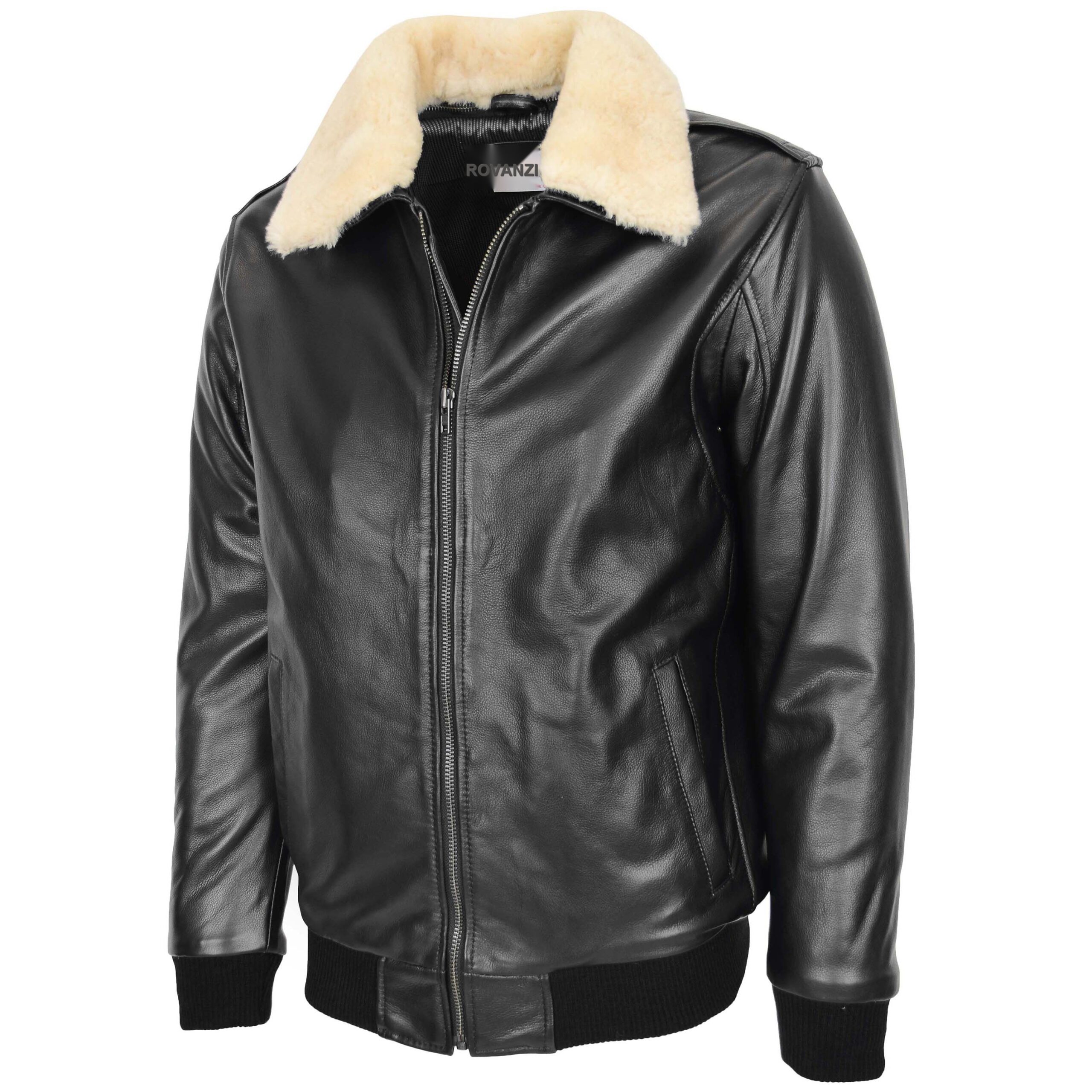 BUNERI Bomber Cuir Viggo Noir avec Col Mouton – Image 4