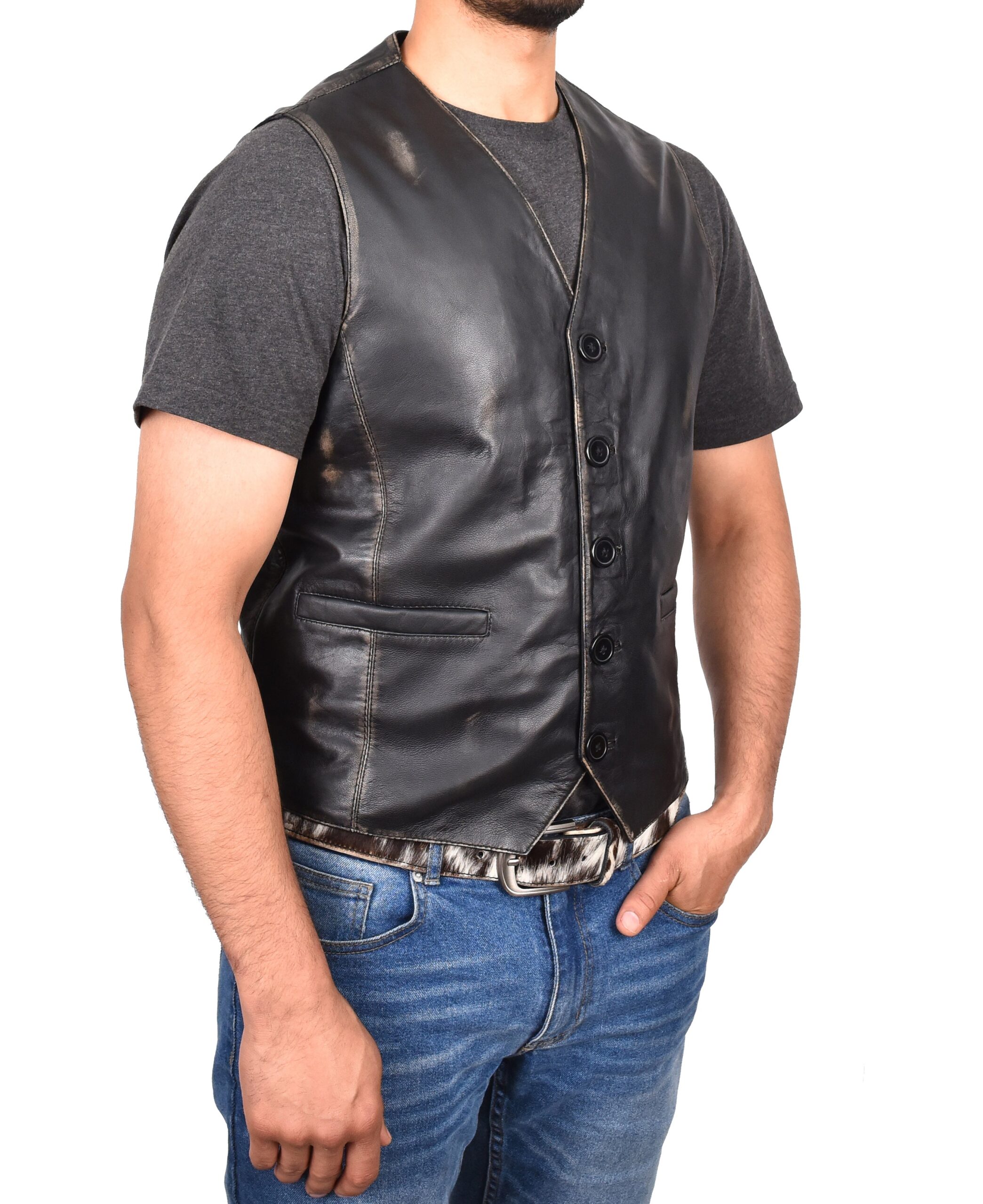 BUNERI Cuir Nick Noir Vintage Boutonné