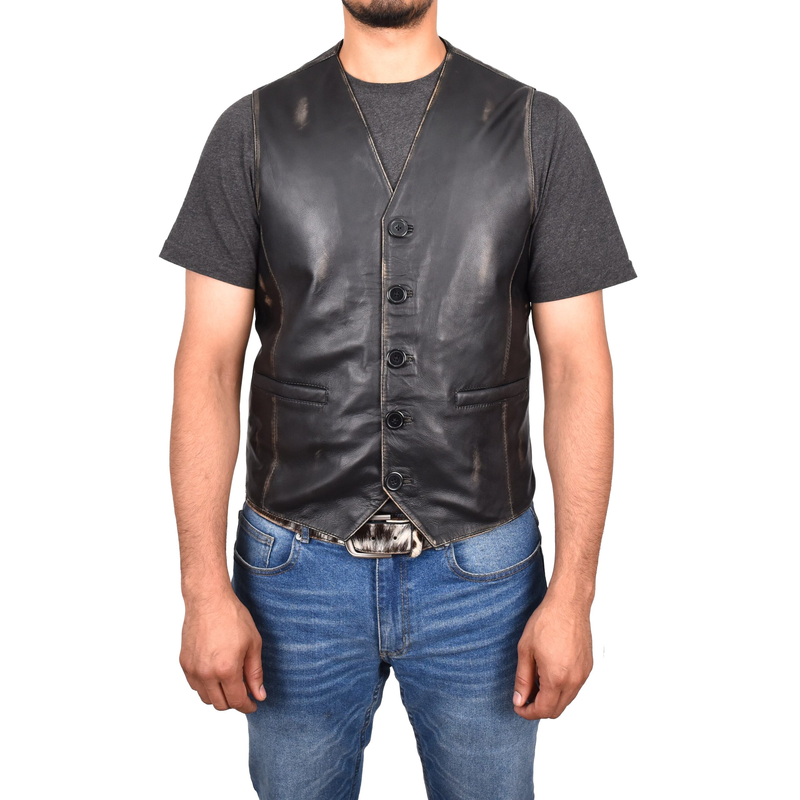 BUNERI Cuir Nick Noir Vintage Boutonné – Image 4