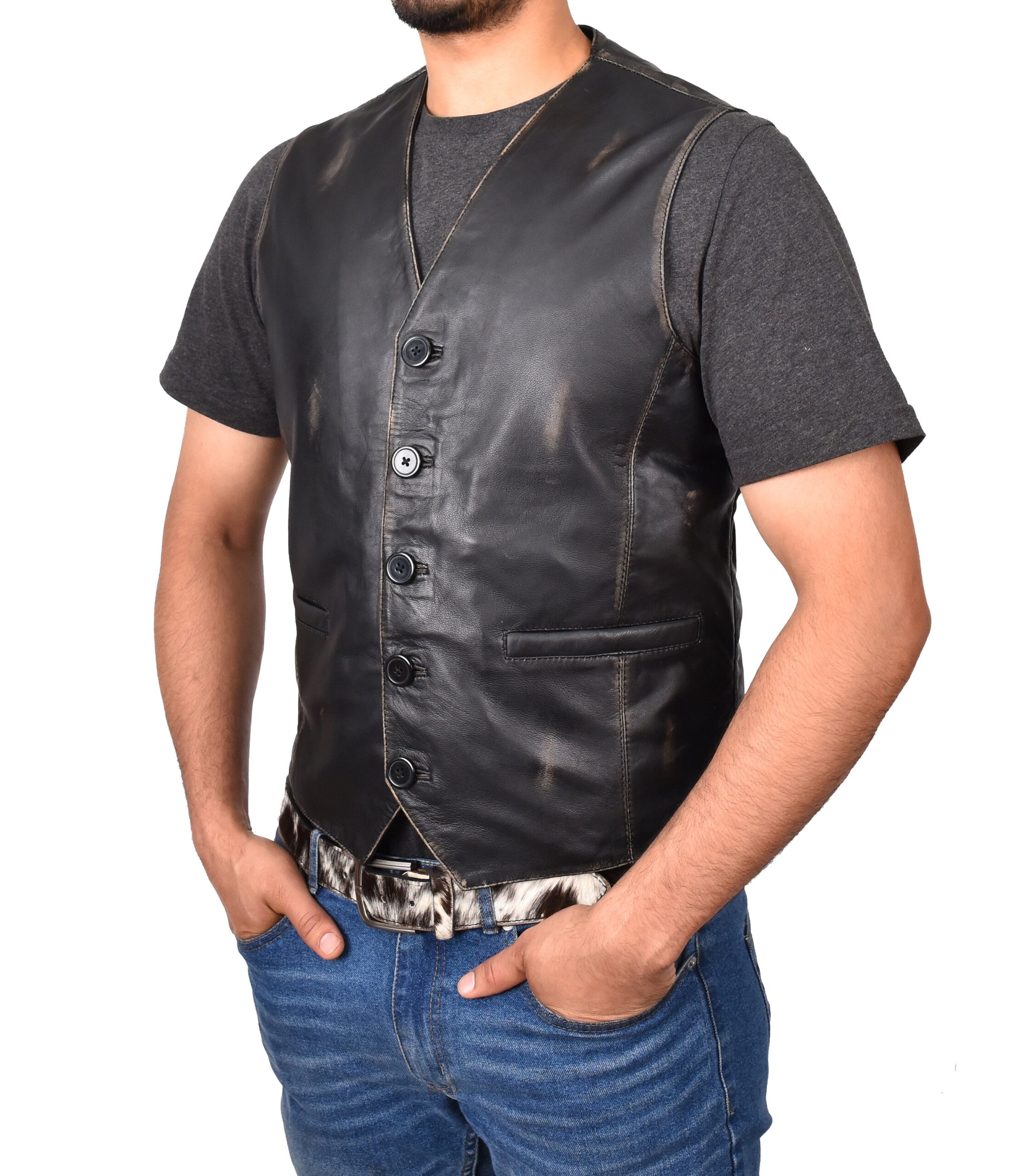 BUNERI Cuir Nick Noir Vintage Boutonné – Image 5