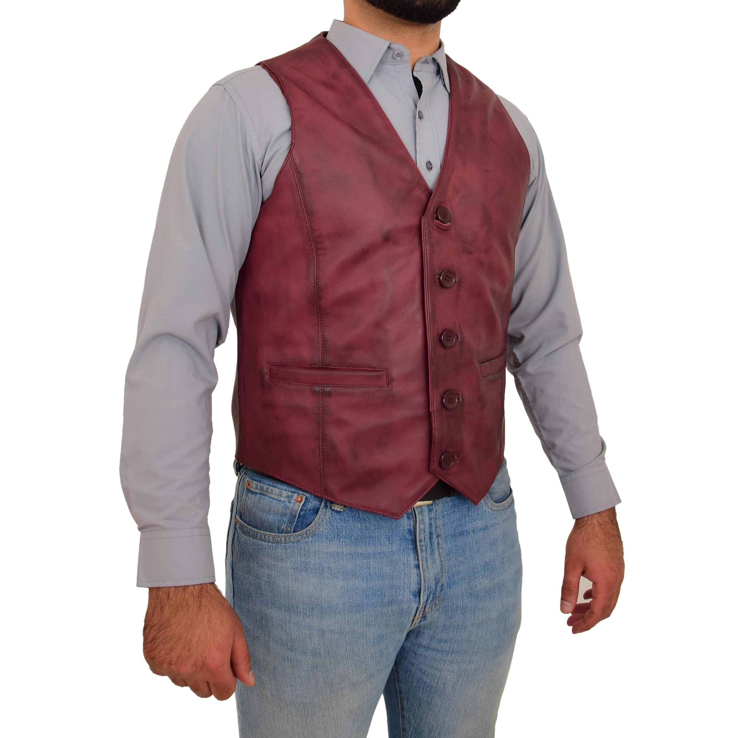 BUNERI Gilet en Cuir Bordeaux pour Homme à Boutonnage