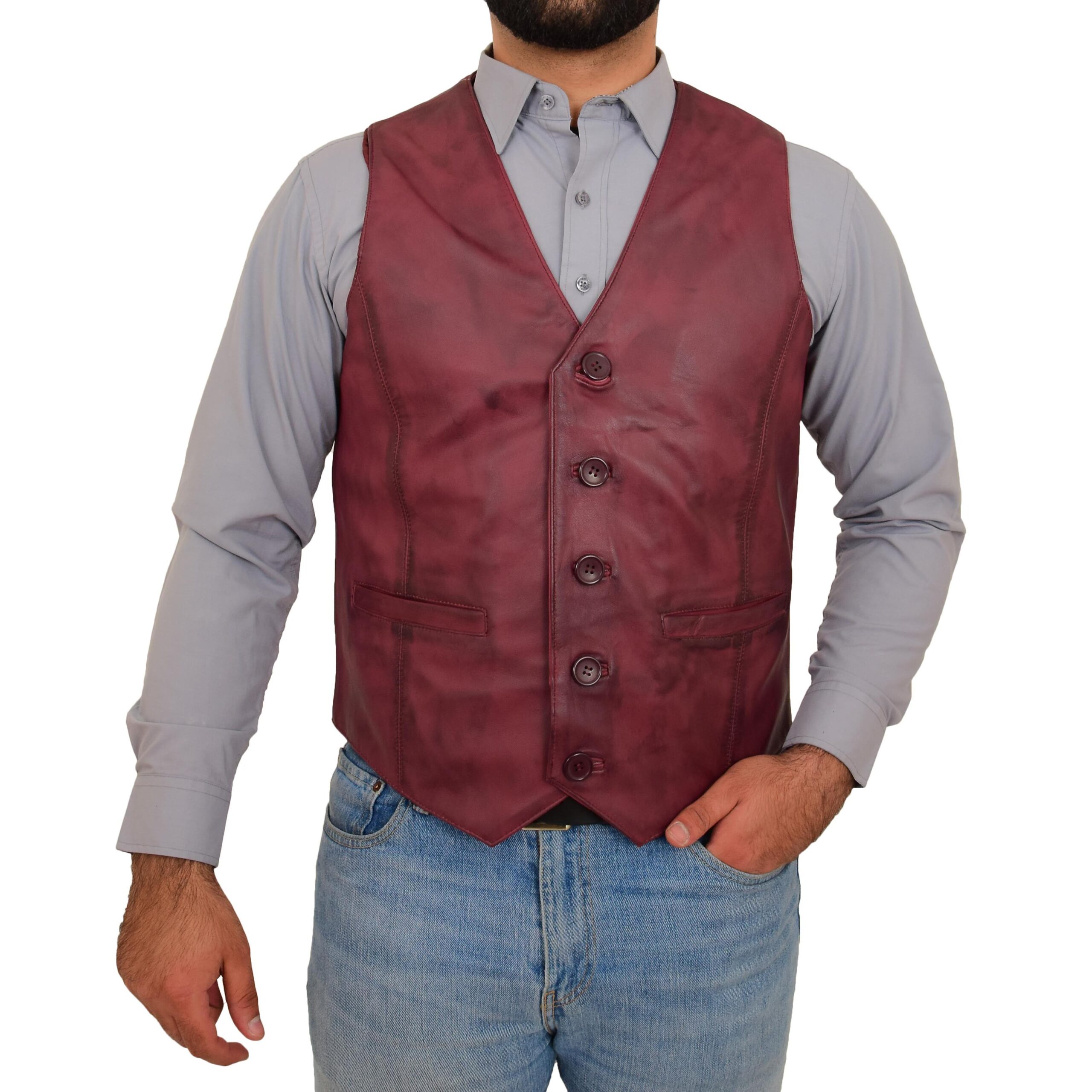 BUNERI Gilet en Cuir Bordeaux pour Homme à Boutonnage – Image 3