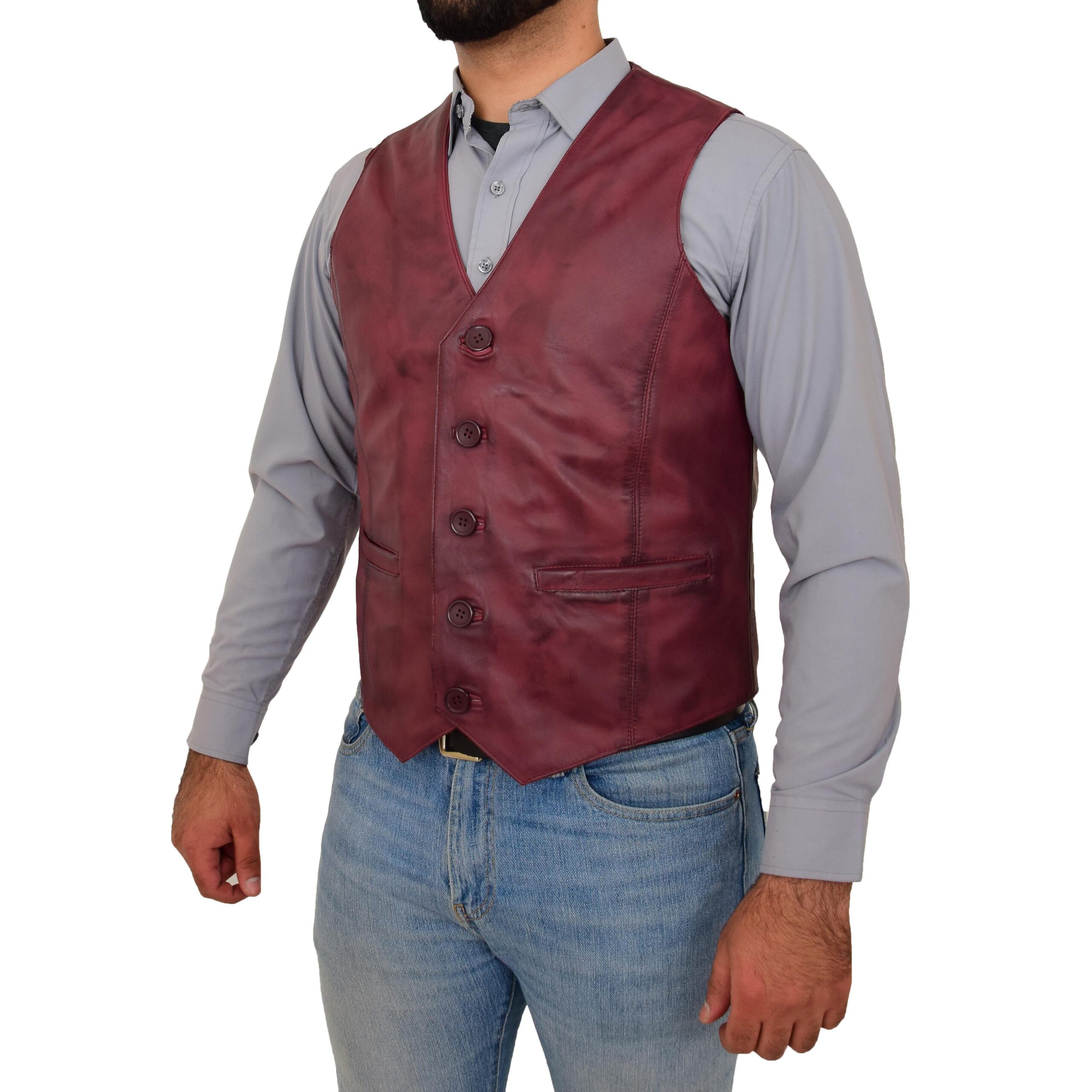 BUNERI Gilet en Cuir Bordeaux pour Homme à Boutonnage – Image 4