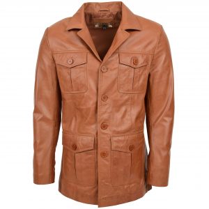 BUNERI Blouson Reefer en Cuir Tan pour Homme à Boutonnage