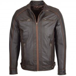 BUNERI Veste Biker en Cuir Marron Classique à Zip pour Homme