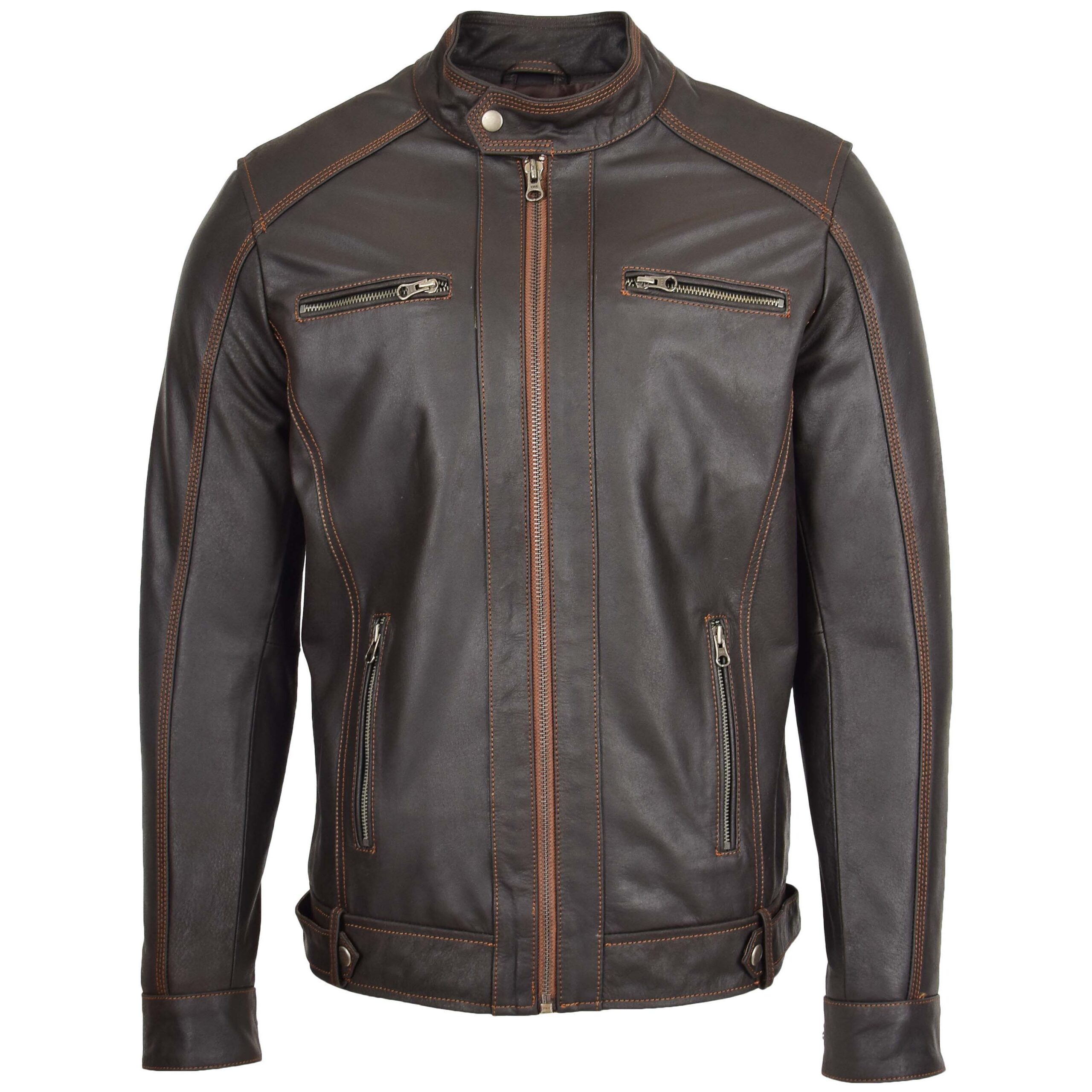 BUNERI Veste Biker en Cuir Marron Classique à Zip pour Homme – Image 3