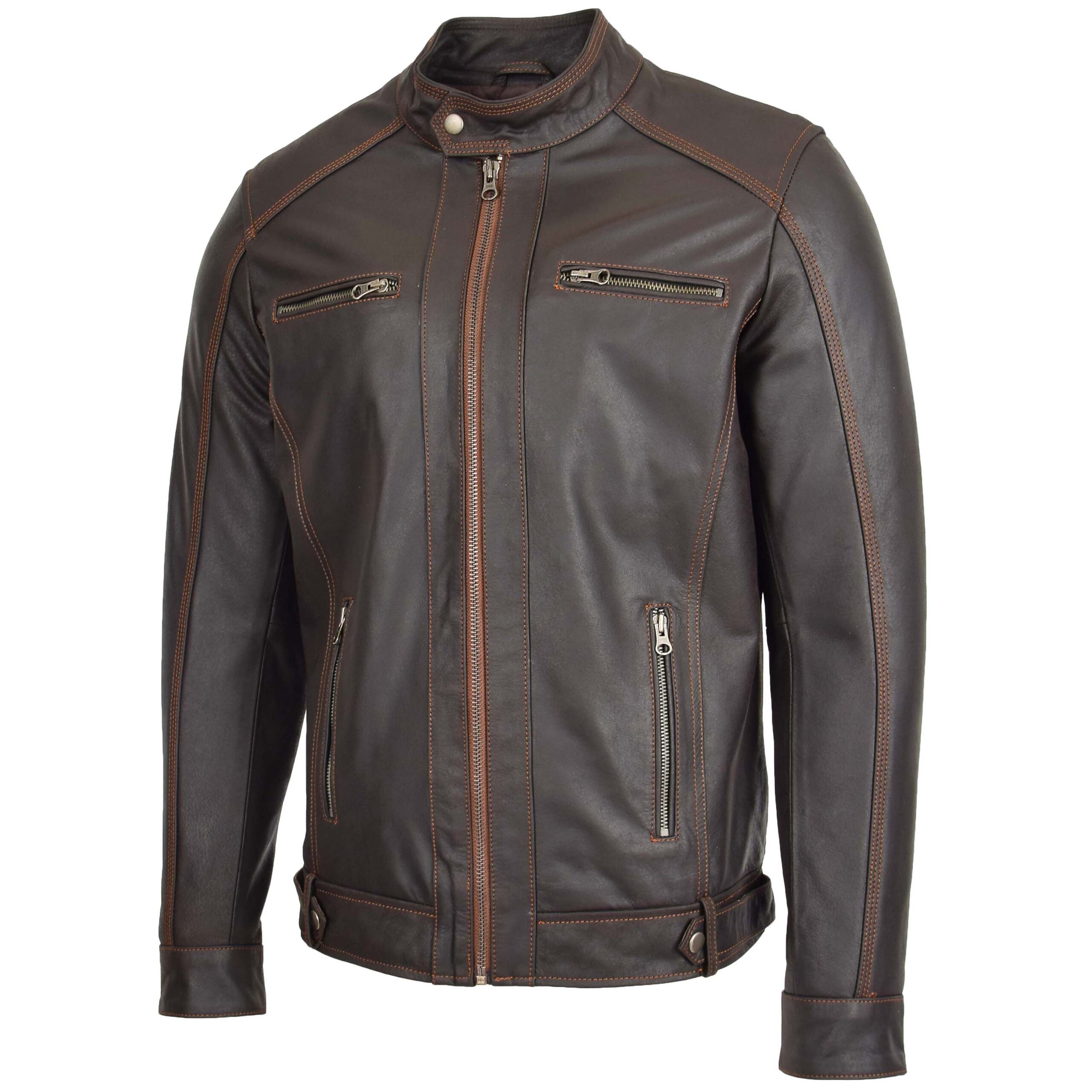BUNERI Veste Biker en Cuir Marron Classique à Zip pour Homme – Image 4