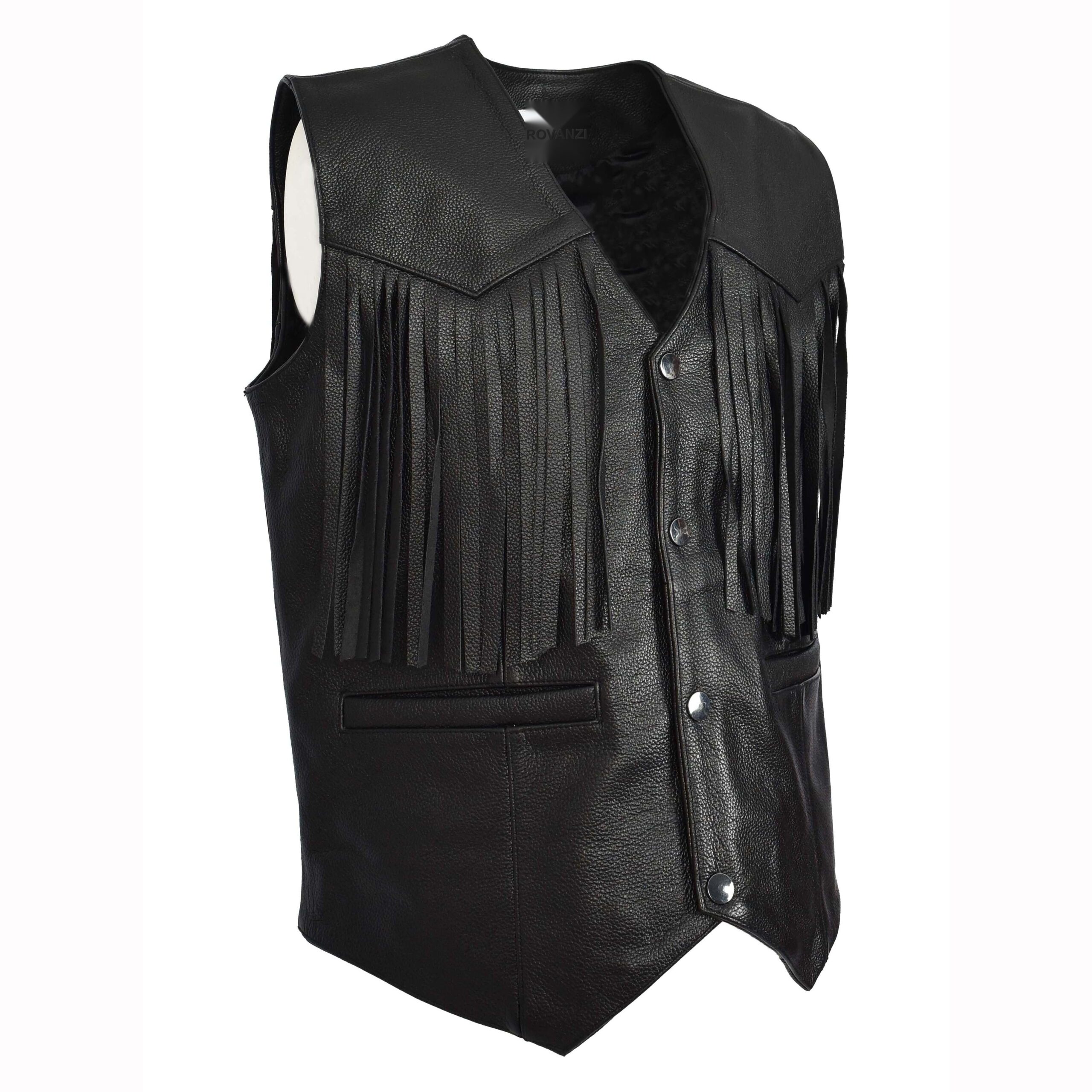 BUNERI Gilet Biker en Cuir de Vachette pour Homme Franges Western Noir – Image 4