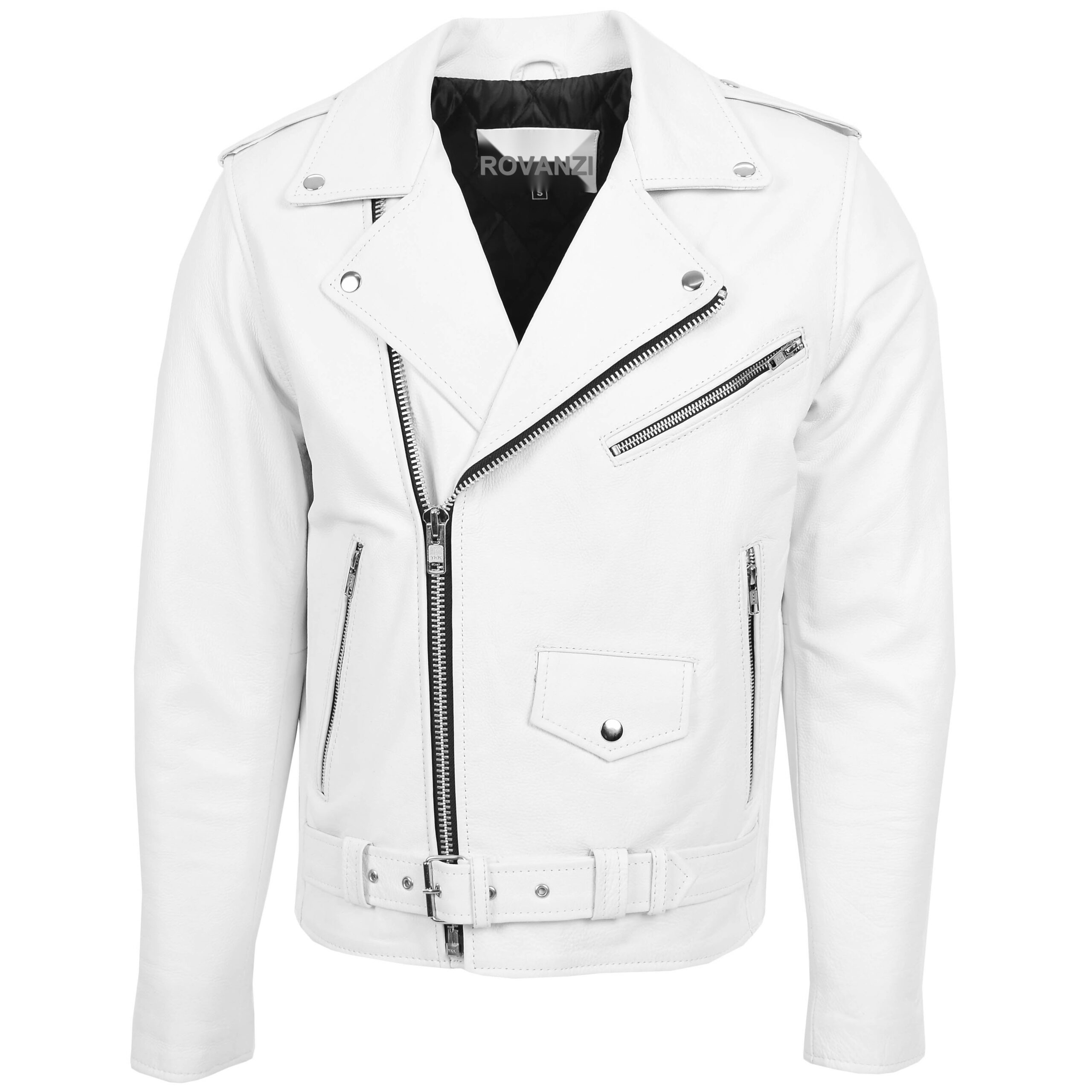 BUNERI Blouson Biker en Cuir Blanc Lourd Style Brando pour Homme