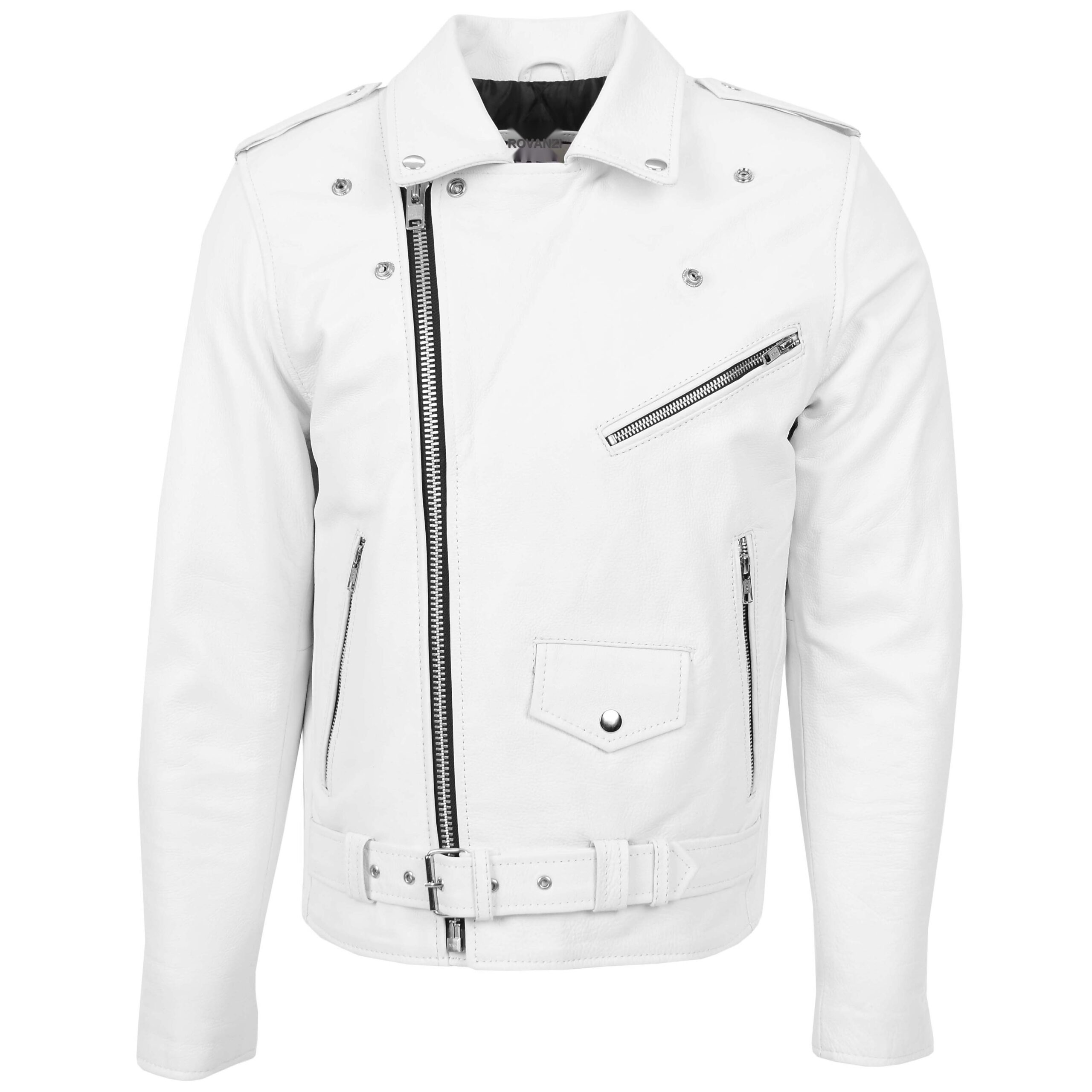 BUNERI Blouson Biker en Cuir Blanc Lourd Style Brando pour Homme – Image 3