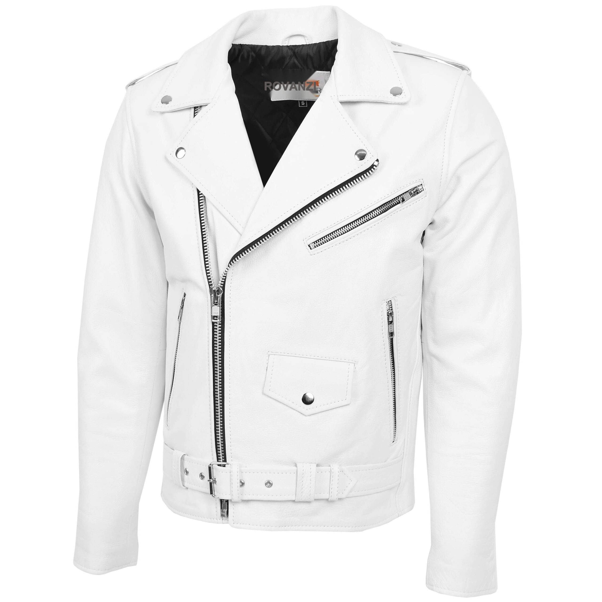 BUNERI Blouson Biker en Cuir Blanc Lourd Style Brando pour Homme – Image 4