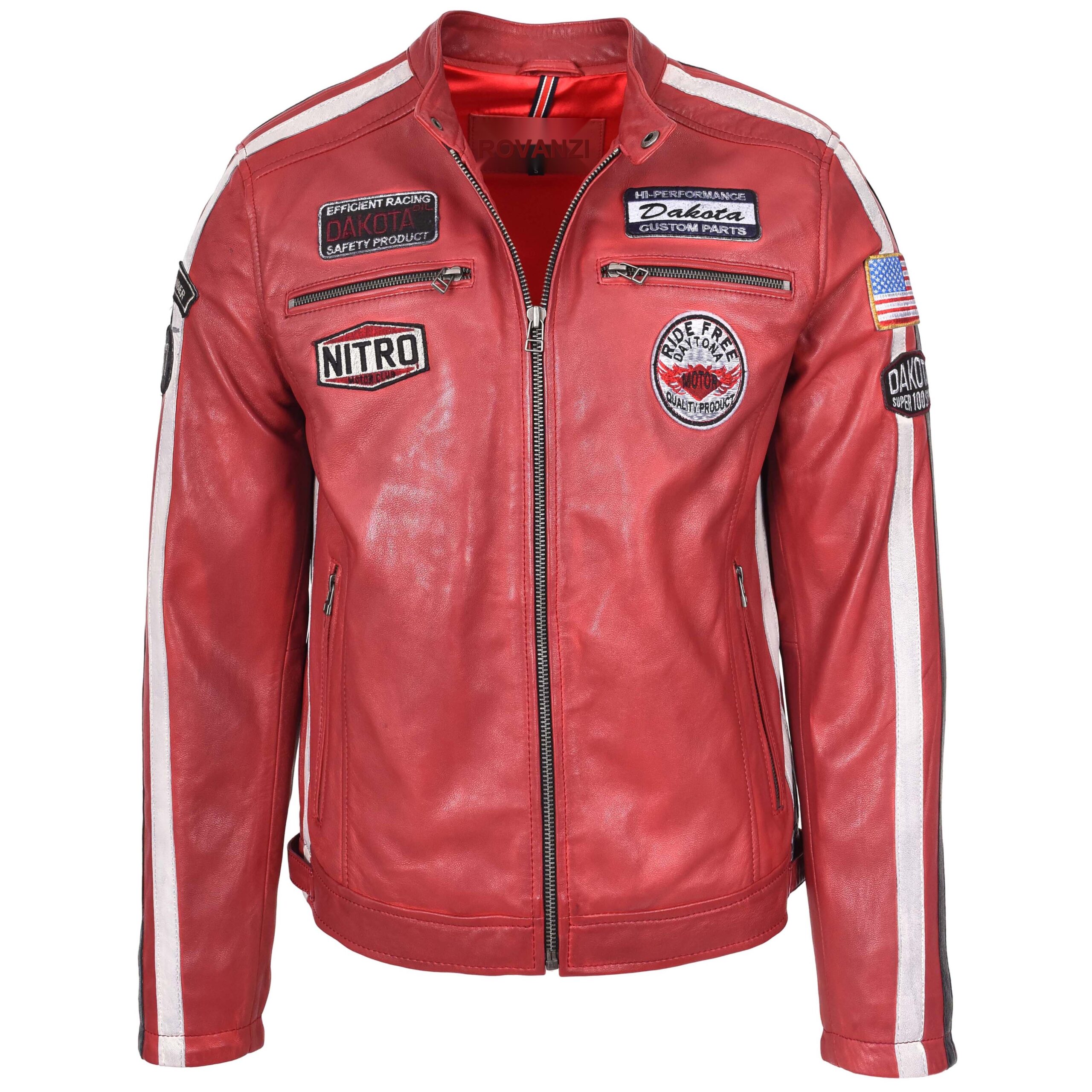 BUNERI Blouson Biker en Cuir Rouge pour Homme avec Logos Motorsport