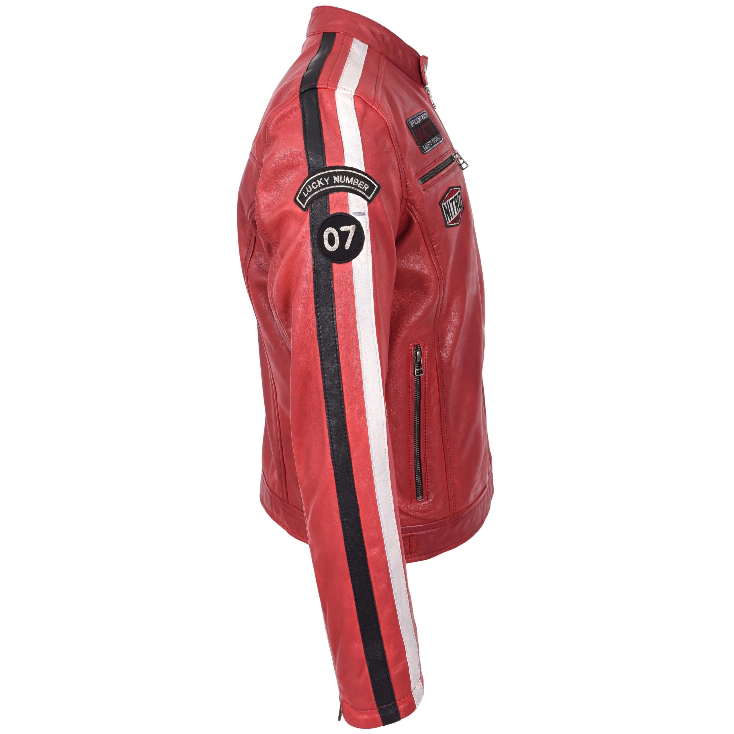 BUNERI Blouson Biker en Cuir Rouge pour Homme avec Logos Motorsport – Image 6