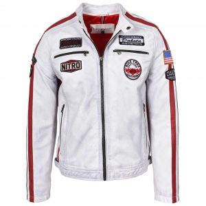 BUNERI Veste Biker Homme Cuir Logos Motorsport Blanc Vintage