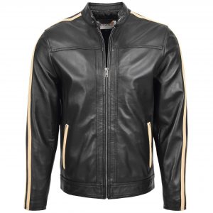 BUNERI Blouson Biker en Cuir Noir pour Homme avec Bandes de Course