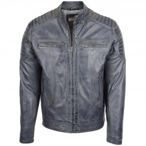 BUNERI Veste Biker en Cuir Style Zip pour Homme Gris Bicolore