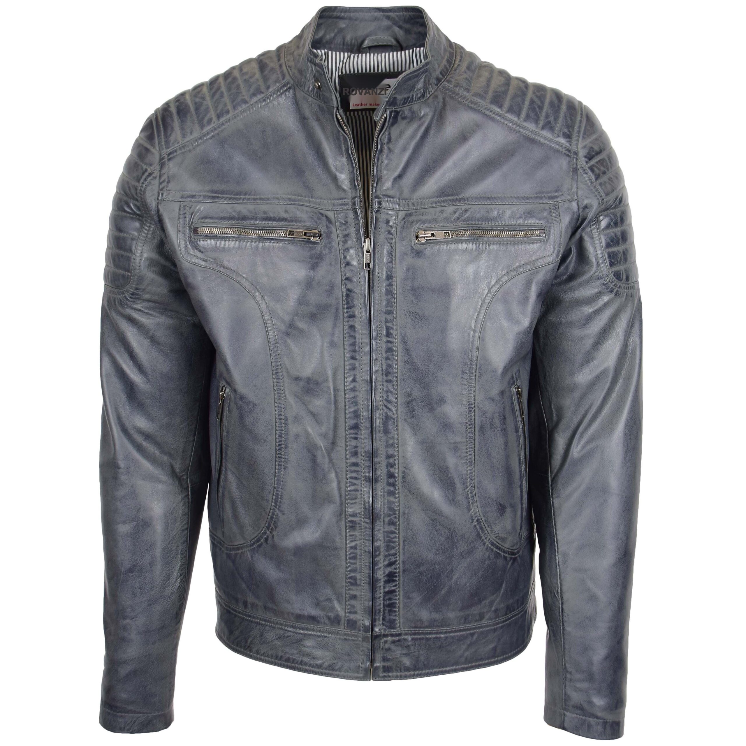 BUNERI Veste Biker en Cuir Style Zip pour Homme Gris Bicolore