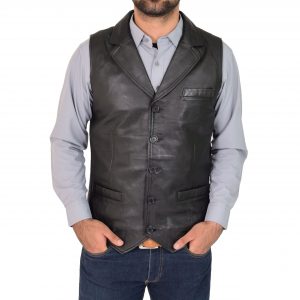 BUNERI Gilet Homme Cuir Boutonne Noir