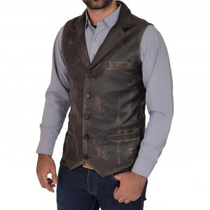 BUNERI Gilet en Cuir Boutonné pour Homme Finition Rub Off