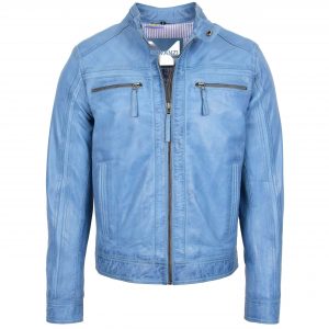 BUNERI Veste Café Racer en Cuir Bleu Ciel pour Homme