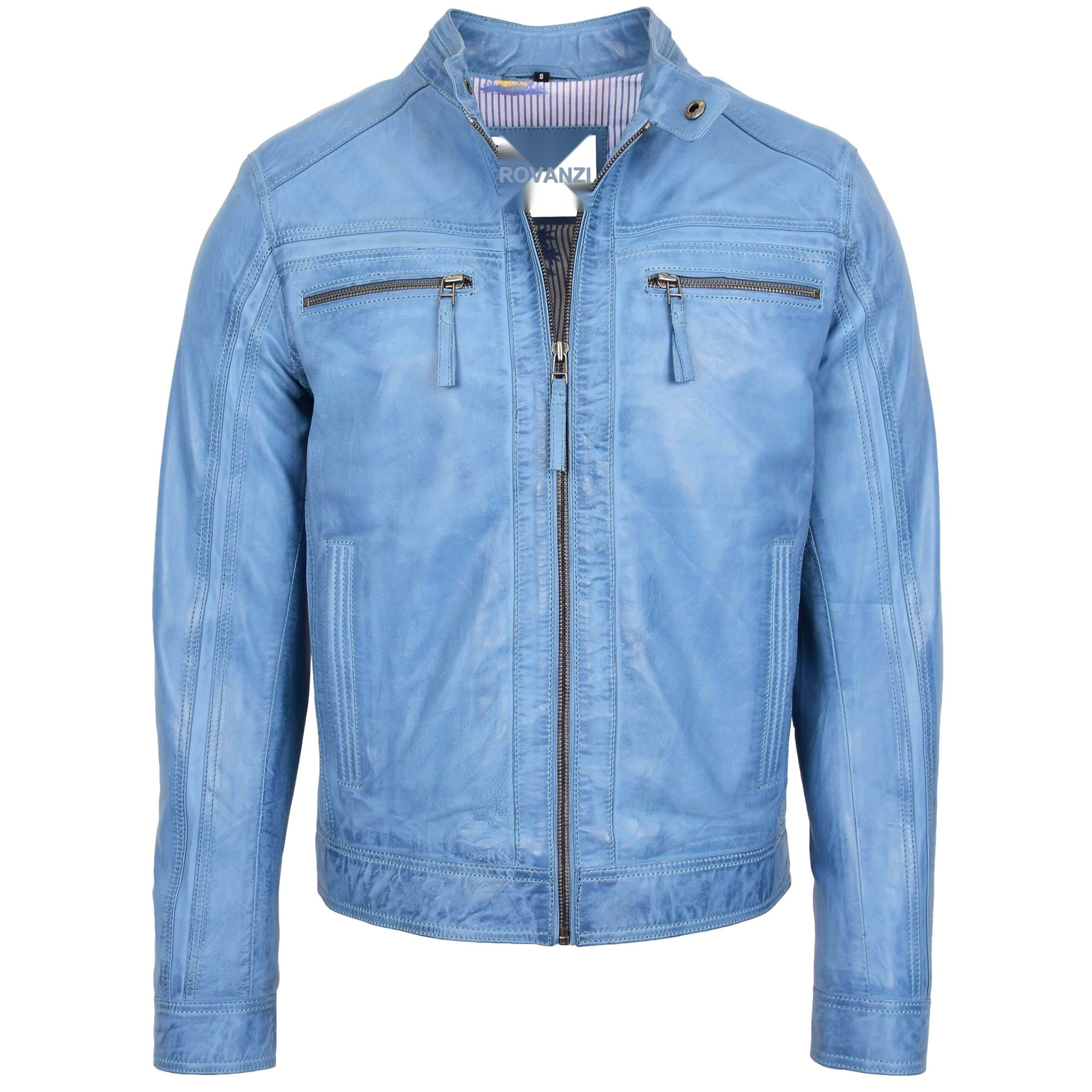 BUNERI Veste Café Racer en Cuir Bleu Ciel pour Homme