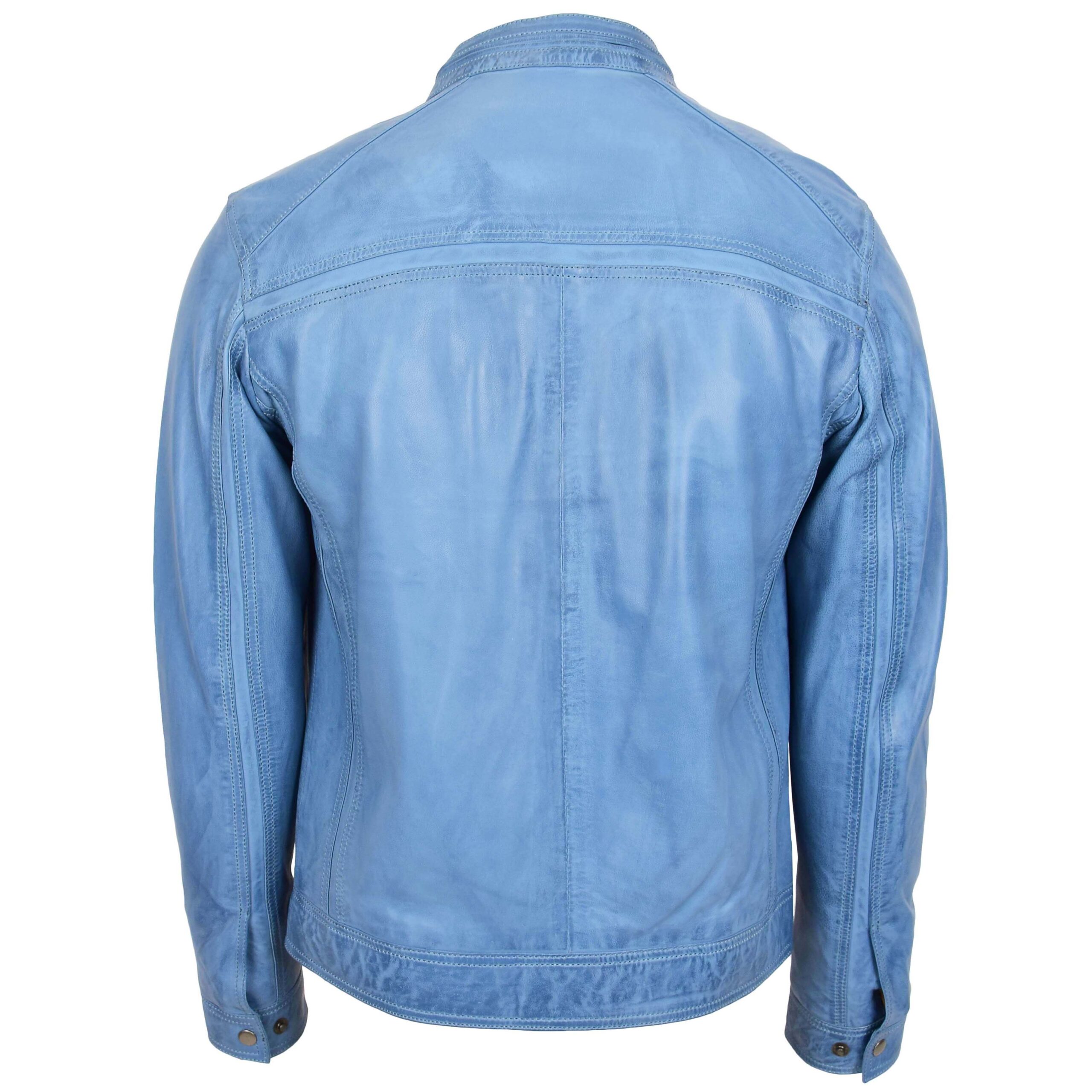 BUNERI Veste Café Racer en Cuir Bleu Ciel pour Homme – Image 2