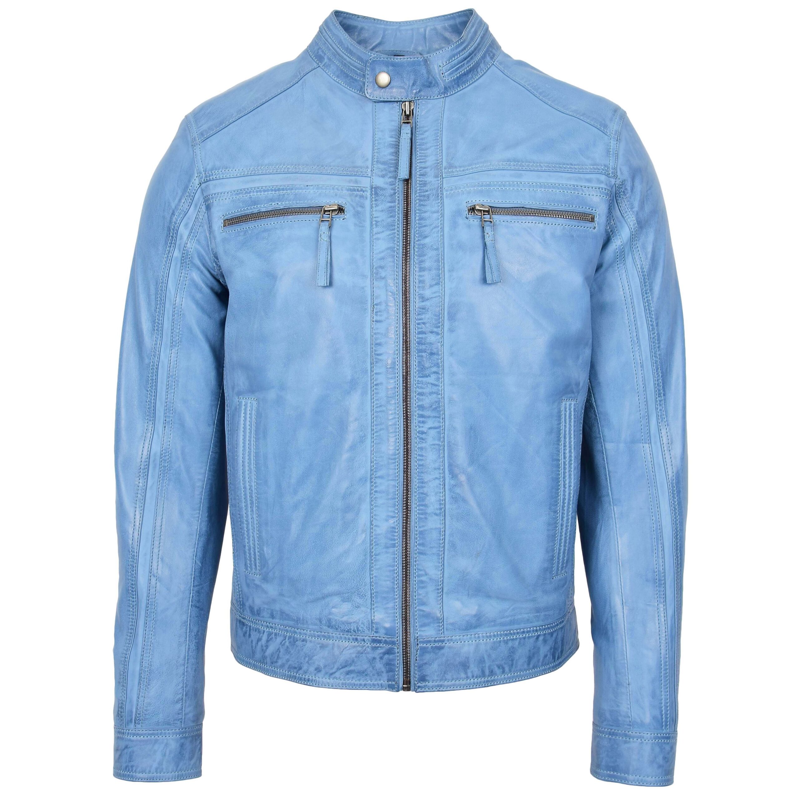 BUNERI Veste Café Racer en Cuir Bleu Ciel pour Homme – Image 3