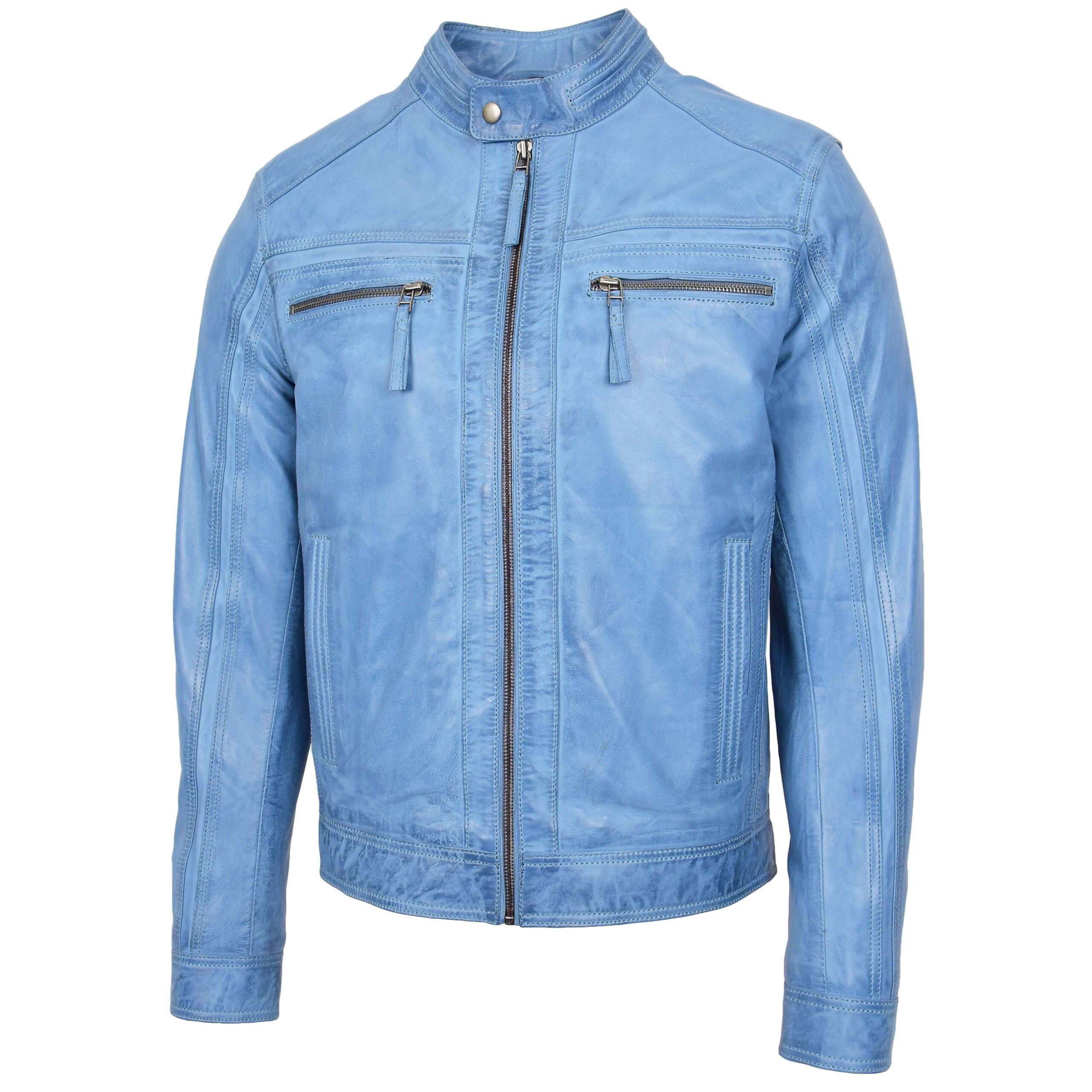 BUNERI Veste Café Racer en Cuir Bleu Ciel pour Homme – Image 4