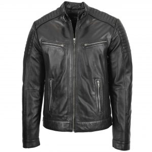 BUNERI Veste Homme Cuir Cafe Racer Biker Noire