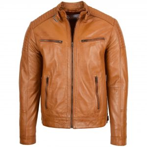 BUNERI Veste Café Racer en Cuir pour Homme Tan
