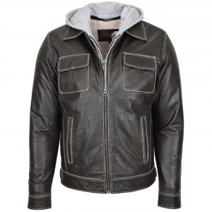 BUNERI Blouson Biker en Cuir Gris pour Homme Capuche Amovible