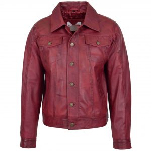 BUNERI Blouson Casual Lee Rider en Cuir Bordeaux pour Homme