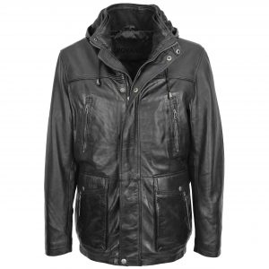 BUNERI Cuir Logan Noir Capuche Amovible Homme