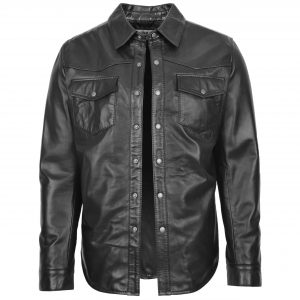 BUNERI Chemise en Cuir Noir pour Homme Style Trucker Classique