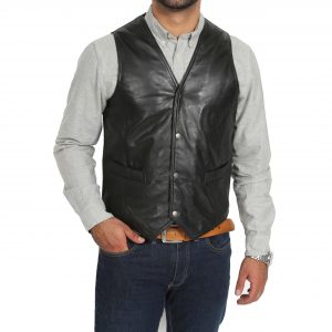 BUNERI Gilet en Cuir Noir Traditionnel pour Homme