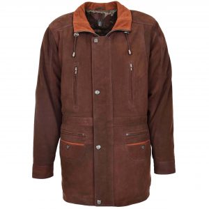 BUNERI Manteau Voiture en Cuir pour Homme Mi-Hanches Brun Nubuck